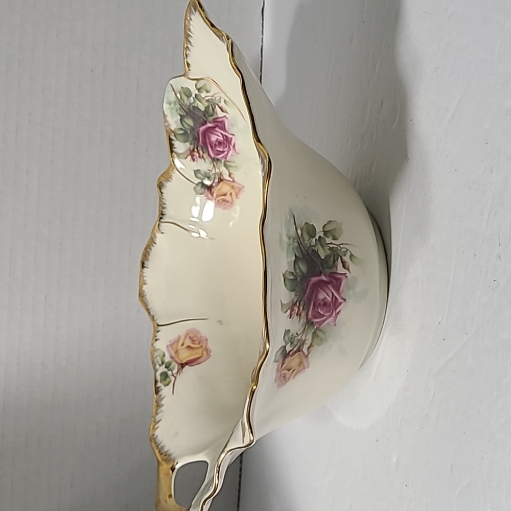 Vintage Porcelain Bowl Candy Dish Trinket By JS, Rose Design,Gold Trimmed Decor